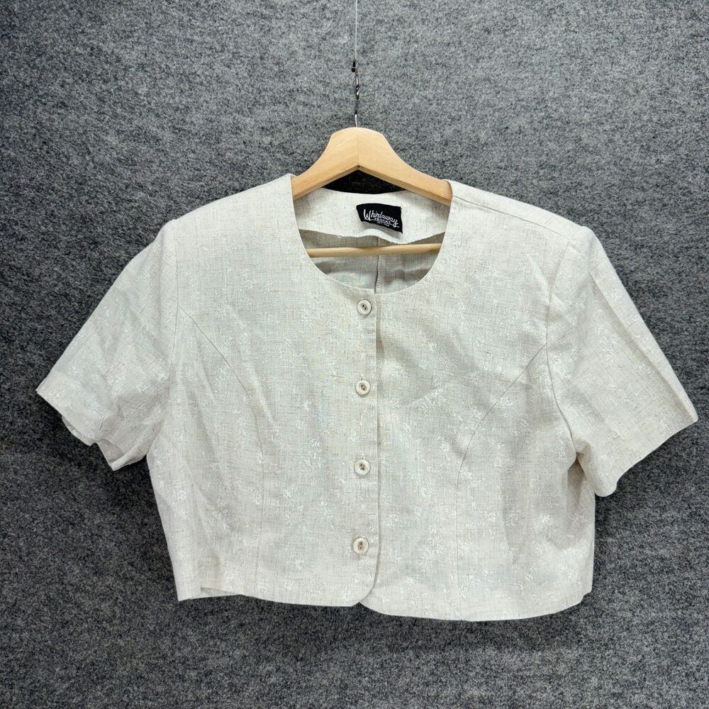 Whirlaway Cropped Button Up Top Women M Medium Beige Short Sleeve Crew Neck